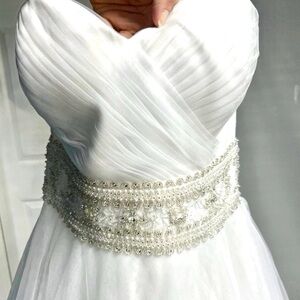 Oleg Cassini White Strapless Dress with Silver Embellishments
